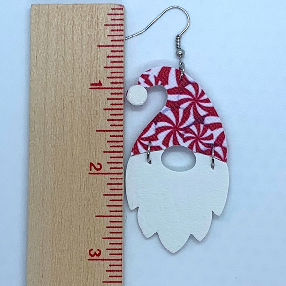 Faux Leather Dangle Earrings Gnome Santa Peppermint Hat - Picture 2 of 4